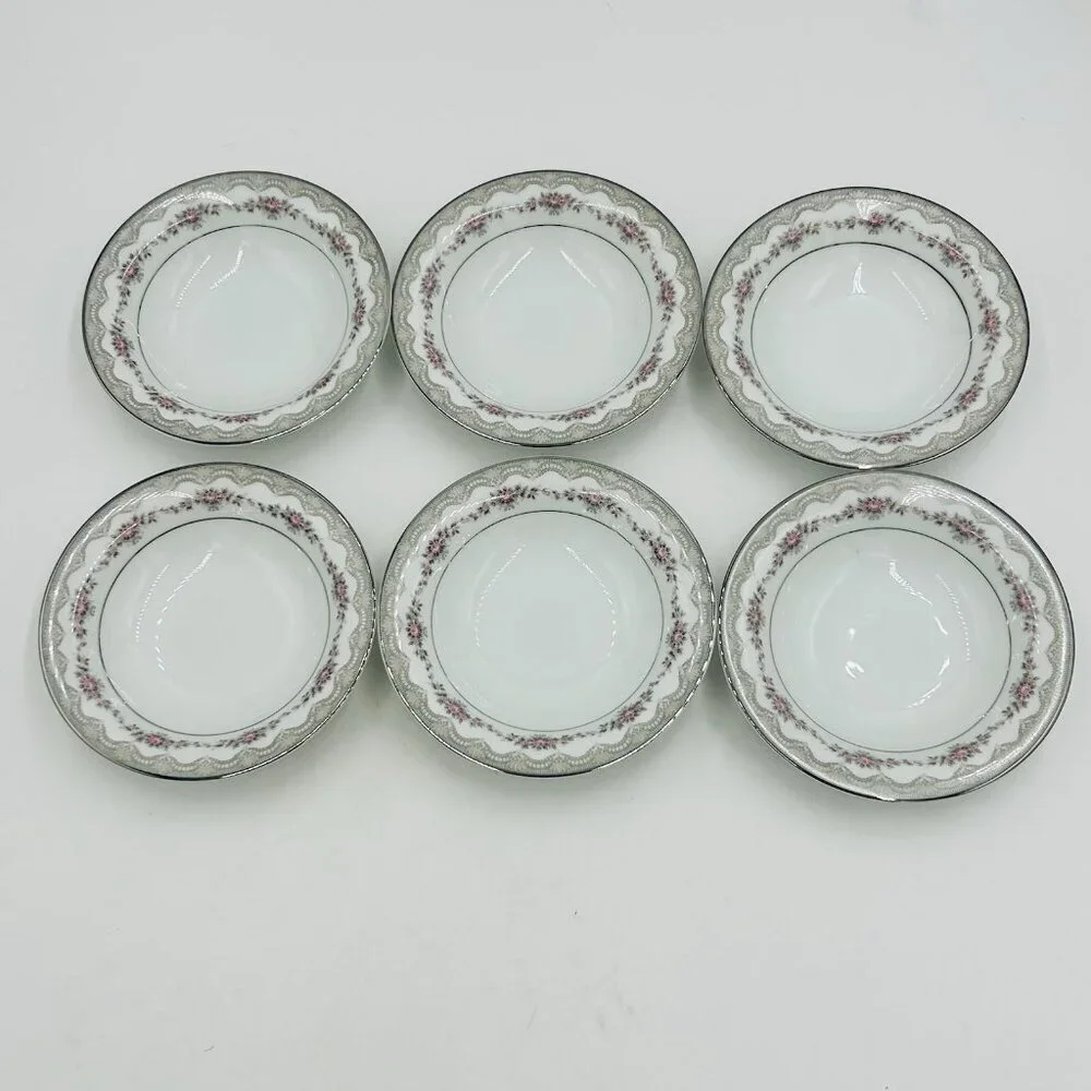 Noritake China Glenwood 5770 Japan 5.5” Berry Bowls Set Of 6 Pink Roses Platinum